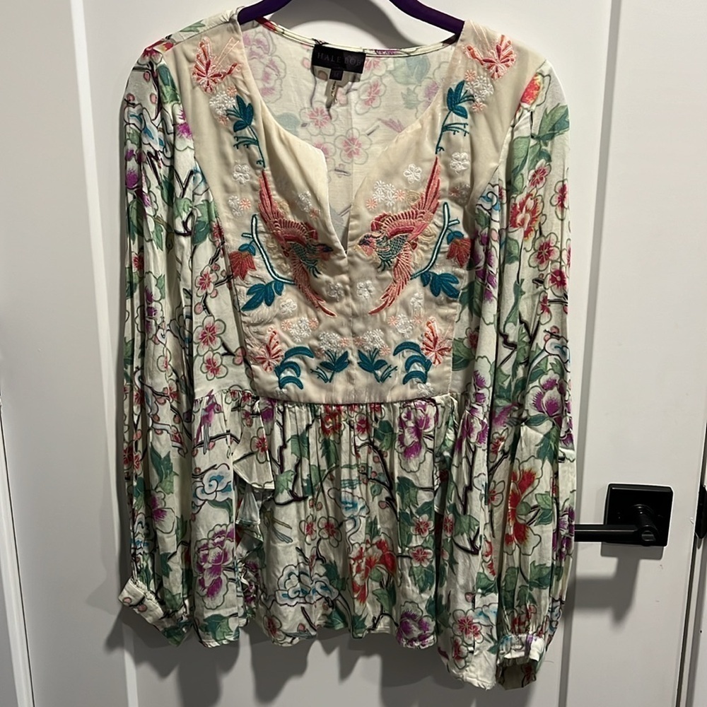 Hale Bob Funky Bird Blouse with Split Neck